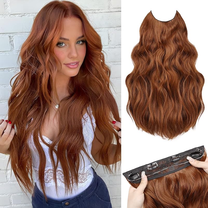 MORICA Halo Hair Extensions 20 Inch Invisible Wire Wavy Auburn