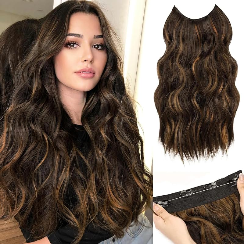 MORICA Invisible Wire Hair Extensions - 20 Inch Halo Hair Extensions Dark Brown Mixed Light Brown Long Wavy Synthetic Hairpiece with Transparent Wire Adjustable Size, 4 Secure Clips for Women