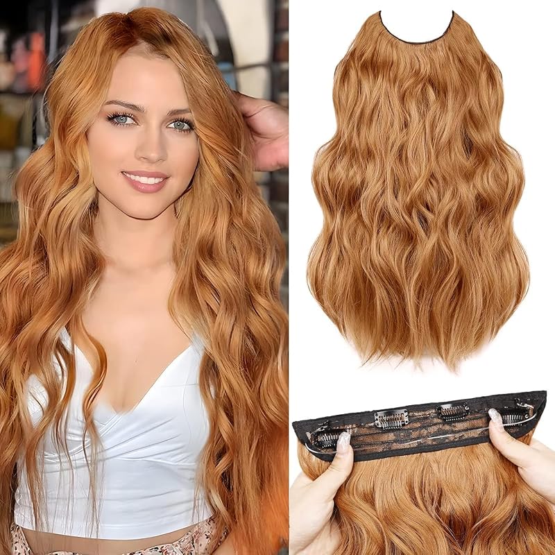 MORICA Invisible Wire Hair Extensions - 20 Inch Copper Brown Long Wavy Synthetic Hairpiece with Transparent Wire Adjustable Size, 4 Secure Clips for Women