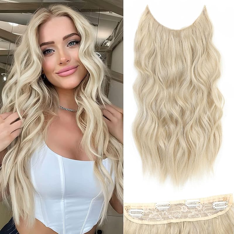 BUPPLER Halo Hair Extensions 20 Inch Invisible Wire Blonde Mix Platinum