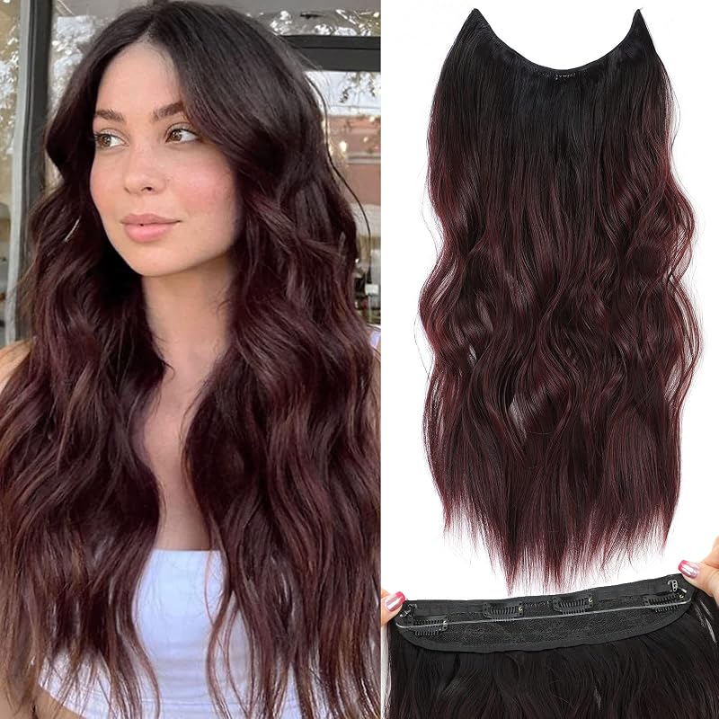 BUPPLER Halo Hair Extensions 20 Inch Invisible Wire Black to Burgundy