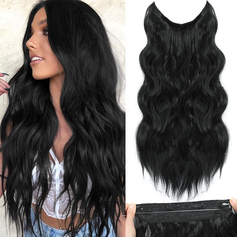 BUPPLER Halo Hair Extensions 20 Inch Invisible Wire Jet Black