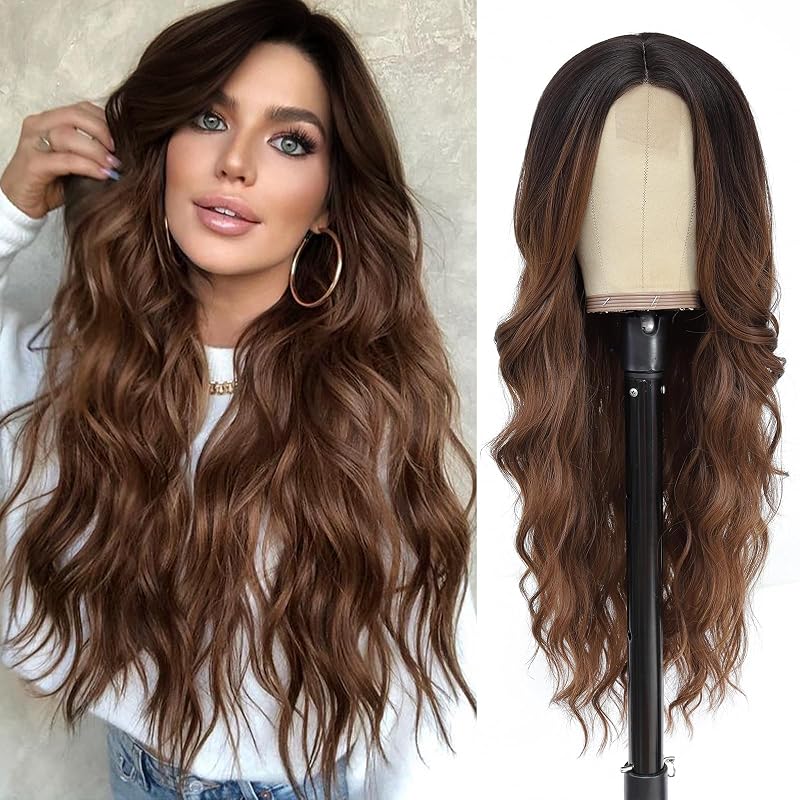 Ombre Brown Wig for Women, 26 Inch Long Wavy Middle Part Synthetic Wig