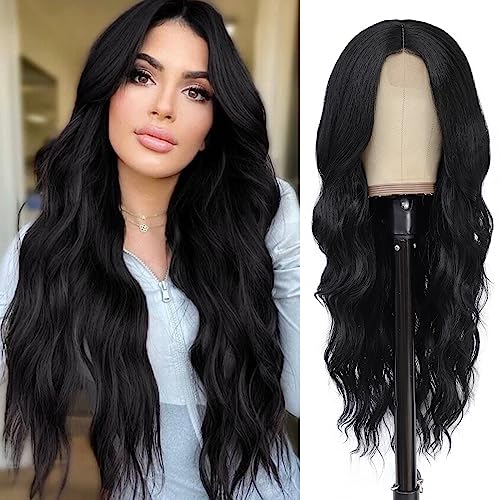 Natural Black Wavy Wigs for Women 26 Inch Middle Part Synthetic Cosplay Wig