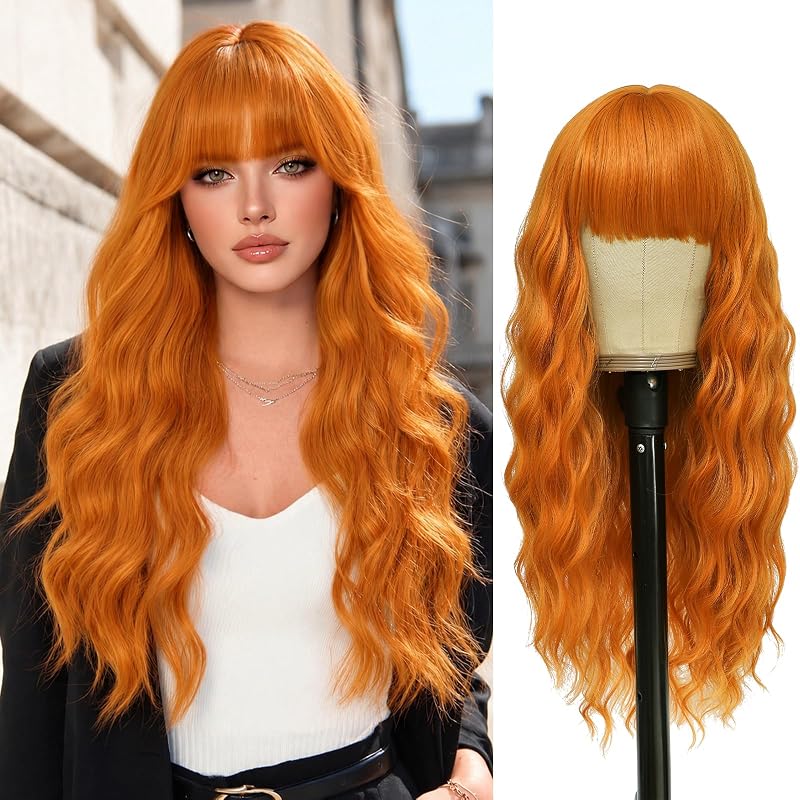 VERNA Orange Wig with Bangs, 26 Inch Long Orange Wigs for Women, Natural Looking Wavy wig, Heat Resistant Synthetic Wig for Halloween Cosplay Constume