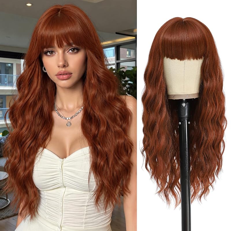 VERNA Auburn Wig with Bangs, 26 Inch Long Auburn Wigs for Women, Natural Looking Wavy wig, Heat Resistant Synthetic Wig for Halloween Cosplay Constume