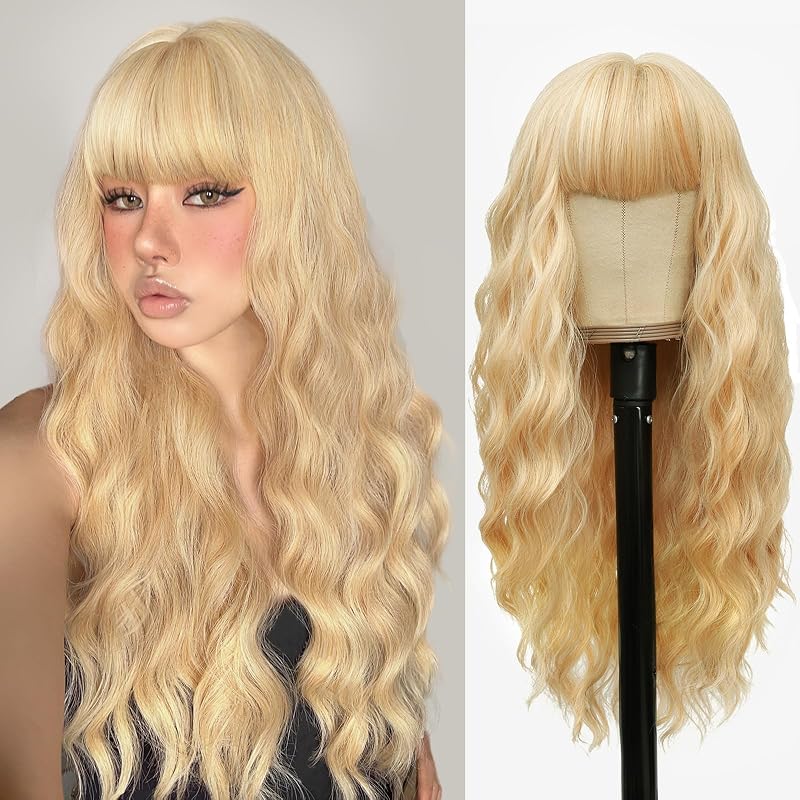 VERNA 26 Inch Blonde Wavy Wig with Bangs, Long Synthetic Hair Wig for Women, Natural-Looking Wave Wig, Long Blonde Costume Wig for Daily Wear, Party & Cosplay