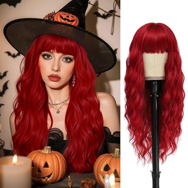 VERNA Red Wig with Bangs, 26 Inch Long Red Wigs for Women, Natural Looking Wavy wig, Heat Resistant Synthetic Wig for Halloween Cosplay Constume(Red)