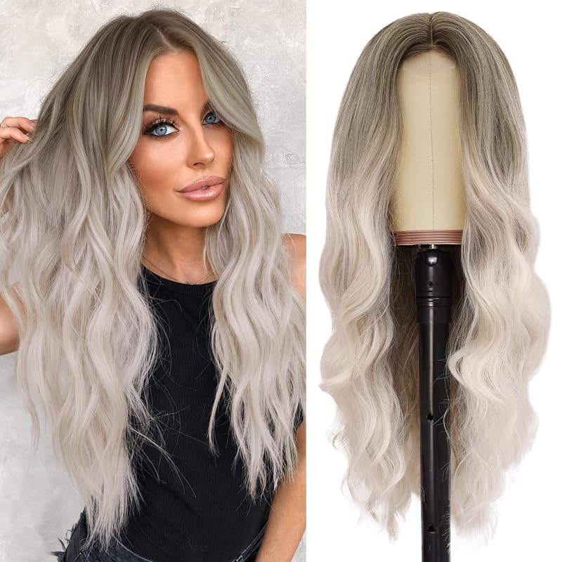 NAYOO Brown Wig for Women, 26 Inch Middle Part Wavy Synthetic Wig
