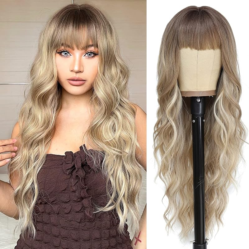 NAYOO Dirty Blonde Wigs with Bangs for Women,24 Inch Wavy Synthetic Wig
