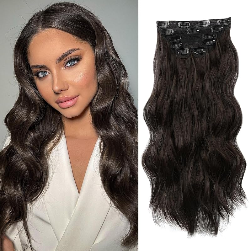 WECAN Clip in Hair Extension Brown Black Long Wavy Curly Hairpieces for Women 20 Inch 6PCS Natural Thick Synthetic Fiber Double Weft Hair Full Head