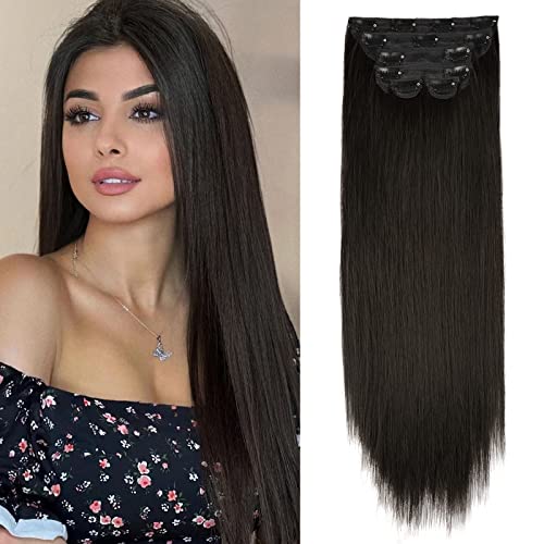 WECAN Clip in Hair Hairpieces 22 Inch 6PCS Brown Black Long Straight Hairpieces for Women Thick Synthetic Fiber Double Weft Hair