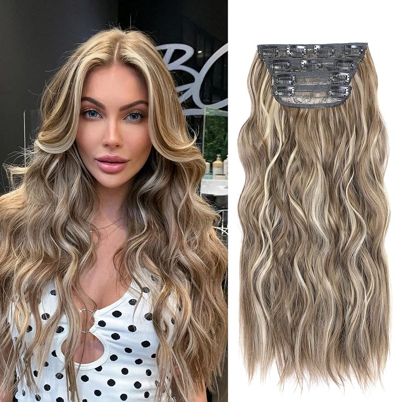 VERNA Clip in Hair Extensions, 20 Inch Long Wavy Balayage Dark Brown to Caramel Blonde Hair Extensions for Women 4PCS Curly Brown Synthetic Clip in Extensions for Daily Use