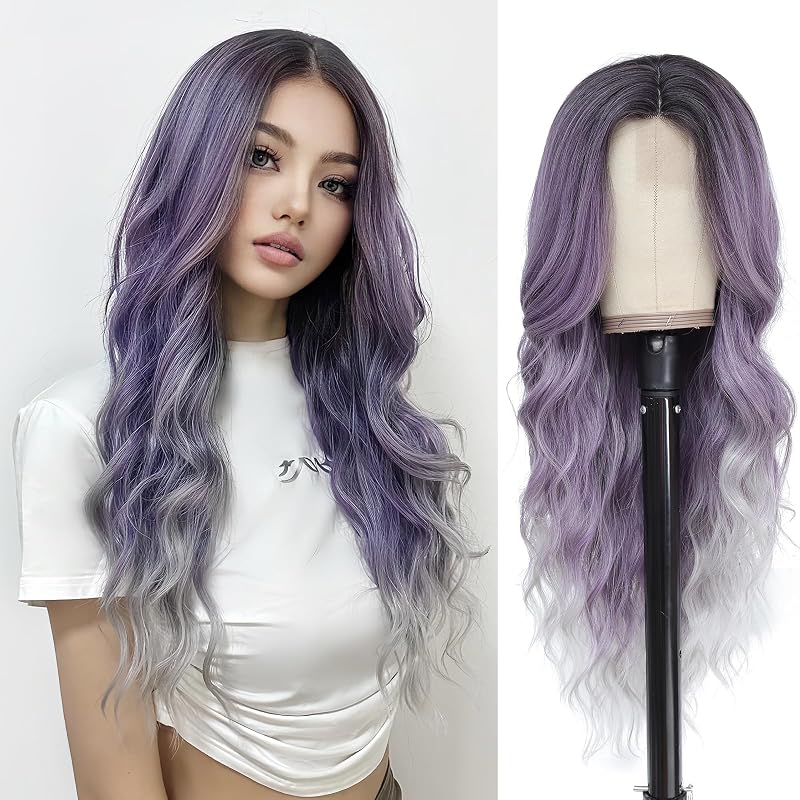 NAYOO Long Purple Wig for Women, 26 Inch Ombre Purple Hair Wigs Easy to Put, Heat Resistant Curly Synthetic Wig, Natural Looking Purple Wavy Wig, Middle Part Hair Replacement Wig for Daily Use