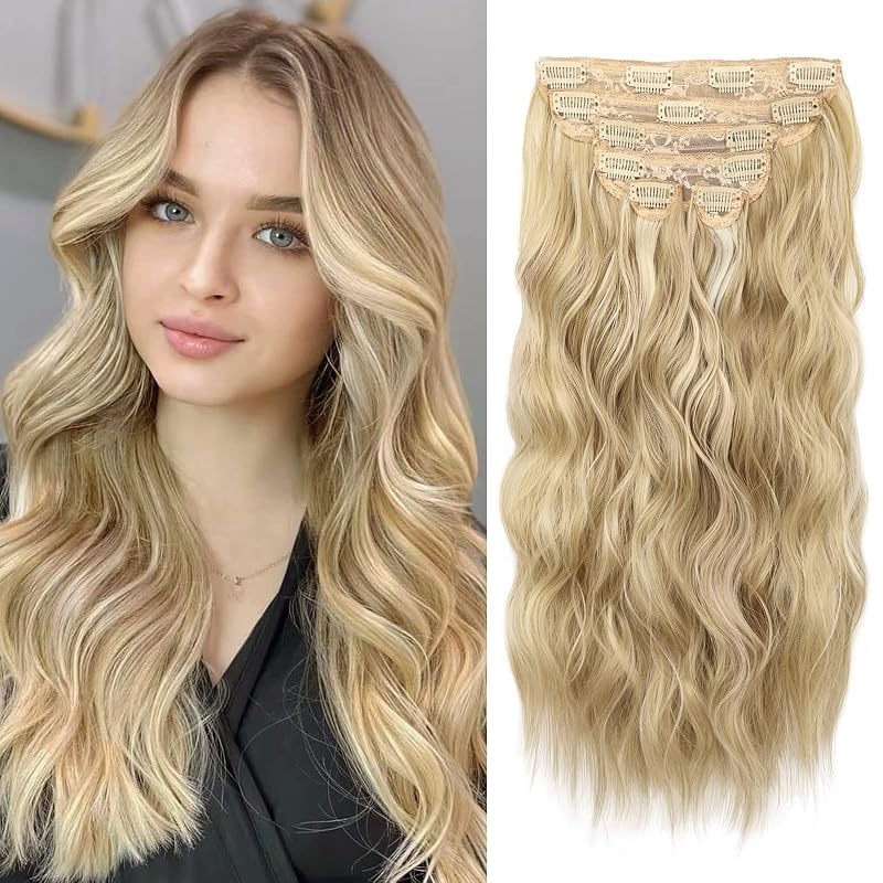 WECAN Clip in Hair Extension 20 Inch 6PCS Dark Golden Mix Beige Blonde Highlights Long Wavy Hairpieces for Women Natural Thick Synthetic Fiber Double Weft Hair Full Head