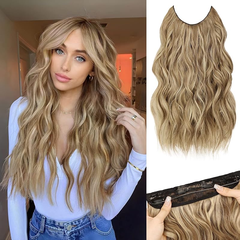 MORICA Invisible Wire Hair Extensions - 20 Inch Halo Hair Extensions Mixed Blonde Long Wavy Synthetic Hairpiece with Transparent Wire Adjustable Size, 4 Secure Clips for Women