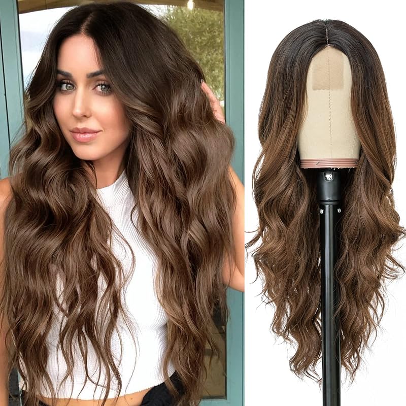 NAYOO Long Wavy Wig for Women, 26 Inch Brown Wig with Natural Dark Roots, Middle Part Synthetic Wig, Natural Looking Long Hair Wig, Heat Resistant Fiber for Daily Wear