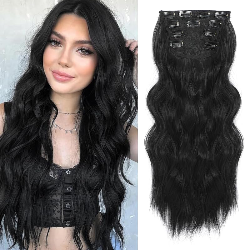24” Black Clip in Hair Extensions Long Wavy Synthetic Extensions for Women