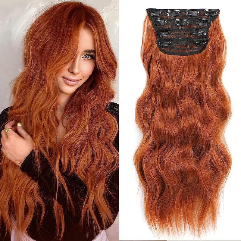 24” Red Clip in Hair Extensions Long Wavy Synthetic Extensions for Women
