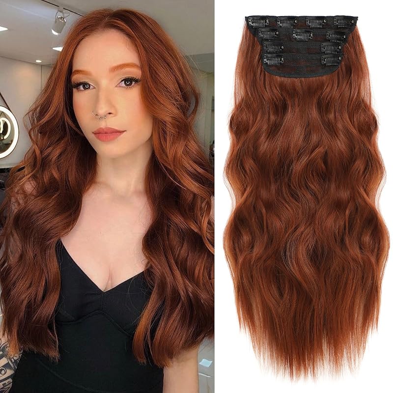 20” Auburn Clip in Hair Extensions Long Wavy Synthetic Extensions for Women