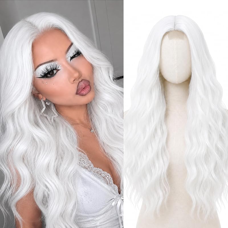 BUPPLER Cosplay Long White Wig 28 Inch Middle Part Synthetic Wigs for Women