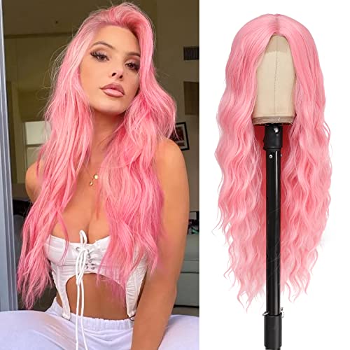 BUPPLER Cosplay Long Pink Wig 28 Inch Middle Part Synthetic Wigs for Women