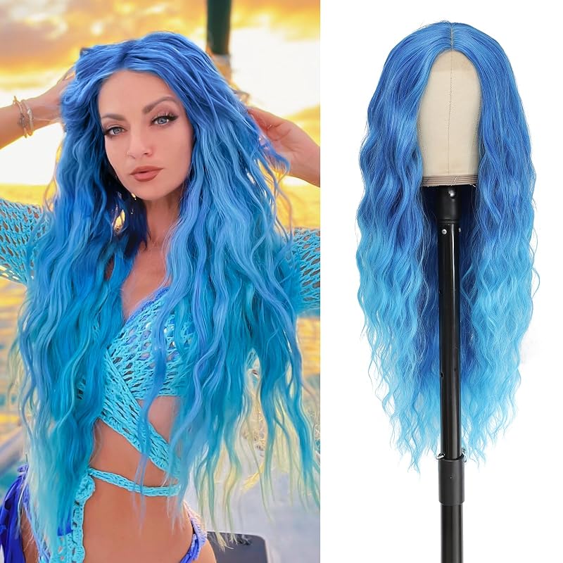 BUPPLER Cosplay Long Blue Wig 28 Inch Middle Part Synthetic Wigs for Women