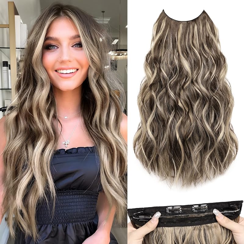 MORICA Invisible Wire Hair Extensions - 20 Inch Chocolate Brown Mix Ash Brown Long Wavy Synthetic Hairpiece with Transparent Wire Adjustable Size, 4 Secure Clips for Women