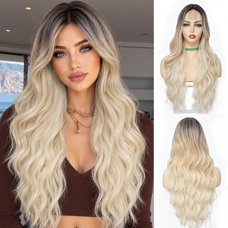 NAYOO Platinum Blonde Wig for Women, 26 Inch Long Blonde Wig with Dark Roots, Middle Part Synthetic Wig for Daily Wear Halloween Cosplay Party