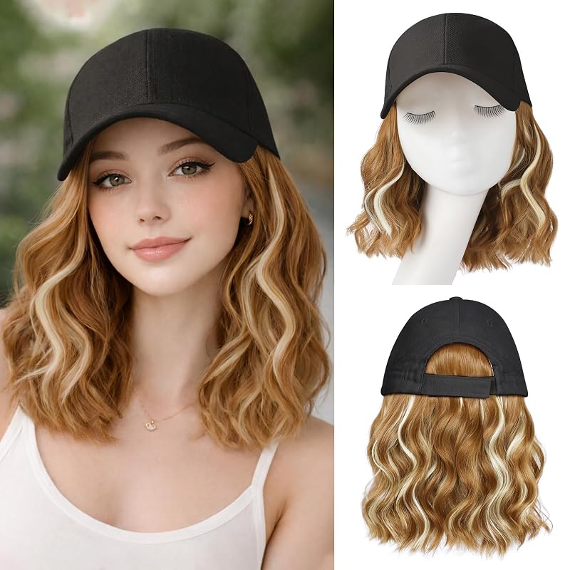 Hat Wigs for Women Baseball Cap with Hair Extensions Short Wave Synthetic baseball Cap Wig for Women Adjustable Hat with Hair Attached for Daily Use(14inch)