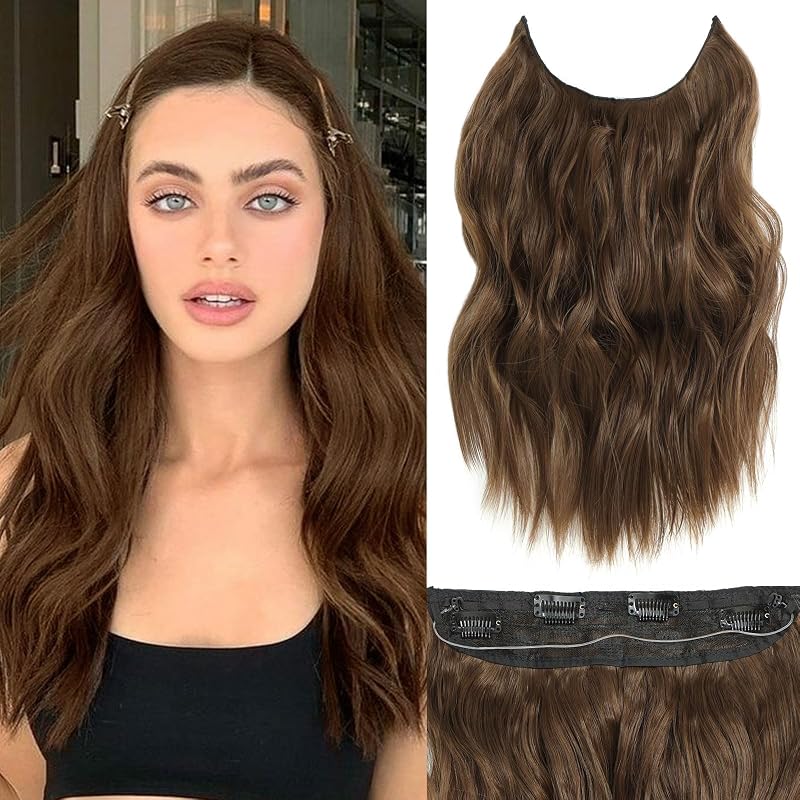 BUPPLER Halo Hair Extensions 12 Inch Invisible Wire Hair Extensions Adjustable Long Wavy Hairpiece Synthetic Upgrade 4 Secure Clips in Hairpieces 12 Inch,Medium Brown