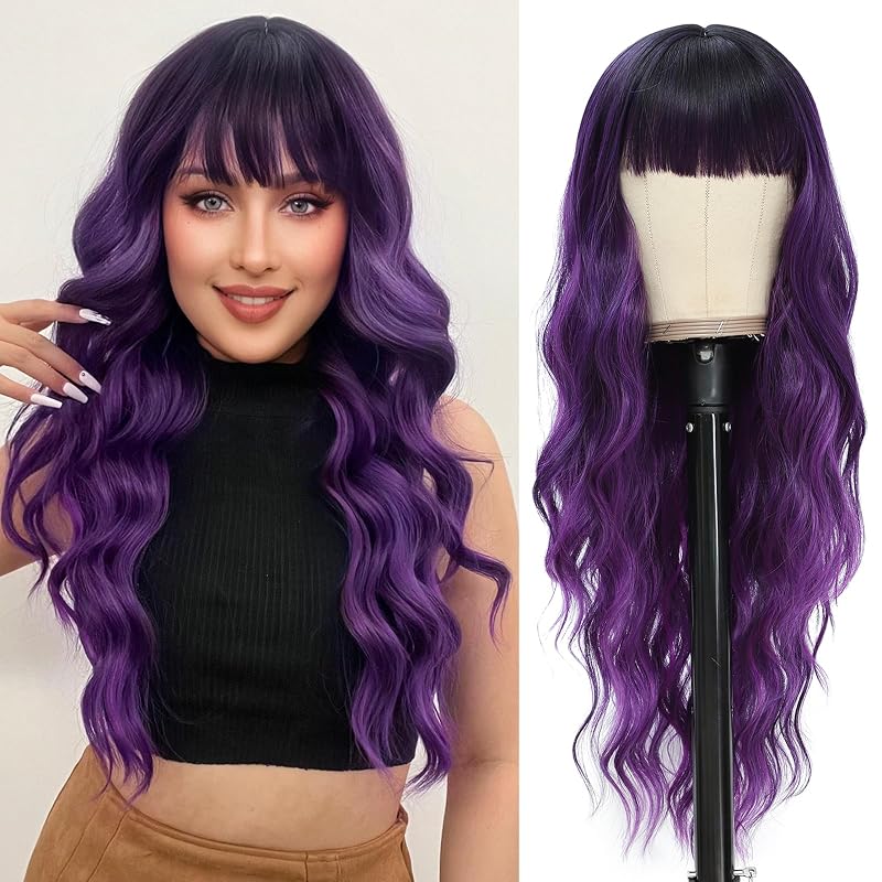 NAYOO Ombre Purple Wigs with Bangs for Women,24 Inch Wavy Synthetic Wig