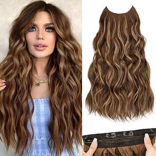 MORICA Invisible Wire Hair Extensions - 20 Inch Honey Blonde Mixed Light Brown Long Wavy Synthetic Hairpiece with Transparent Wire Adjustable Size, 4 Secure Clips for Women