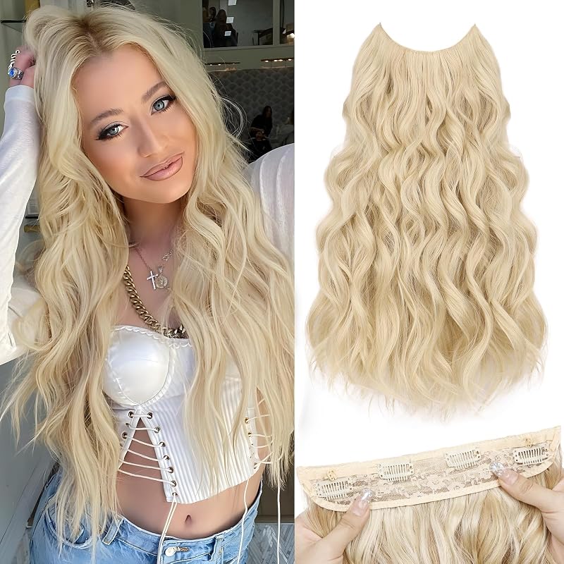 MORICA Invisible Wire Hair Extensions - 20 Inch Blonde Long Wavy Synthetic Hairpiece with Transparent Wire Adjustable Size, 4 Secure Clips for Women
