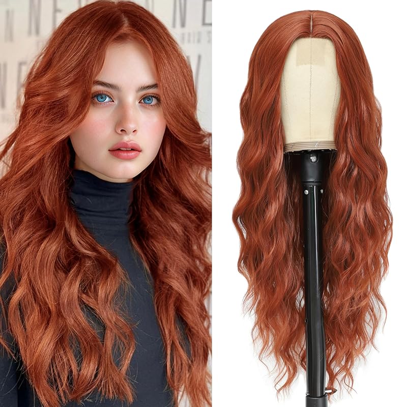 Cosplay Long Auburn Wig 28 Inch Middle Part Synthetic Wigs for Women