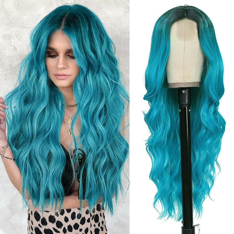 NAYOO Bluish Green Wig for Women, 26 Inch Middle Part Wavy Synthetic Wig