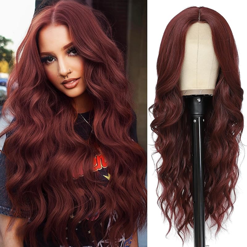 Wine Red Wavy Wigs for Women 26 Inch Middle Part Synthetic Cosplay Wig