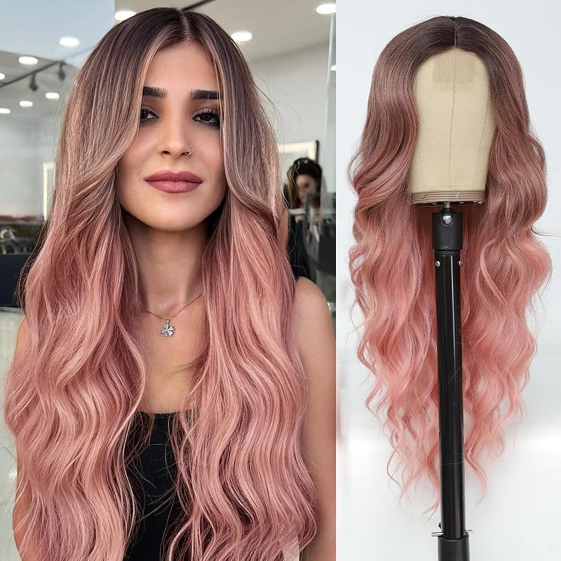 Ombre Pink Wavy Wigs for Women 26 Inch Middle Part Synthetic Cosplay Wig