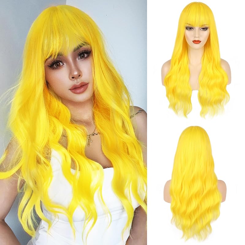 ENTRANCED STYLES Yellow Wig 26inch Middle Part Wavy Synthetic Halloween Party Cosplay Wig for Women