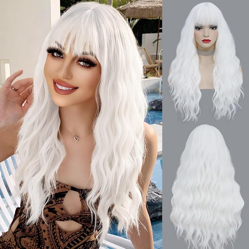 VERNA Long White Wig with Bangs for Women, 26'' Wavy Wigs for Women, Heat Resistant Cosplay Wig (26 inch, White)