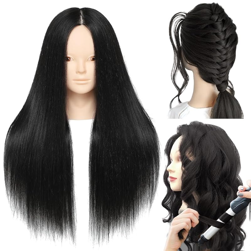 NAYOO Black Mannequin Head with Hair and Stand, 60% Real Hair Mannequins to Practice on, Doll Head for Hair Styling, Real Hair Mannequin Heads for Makeup Practice, Manikin Head Cosmetology