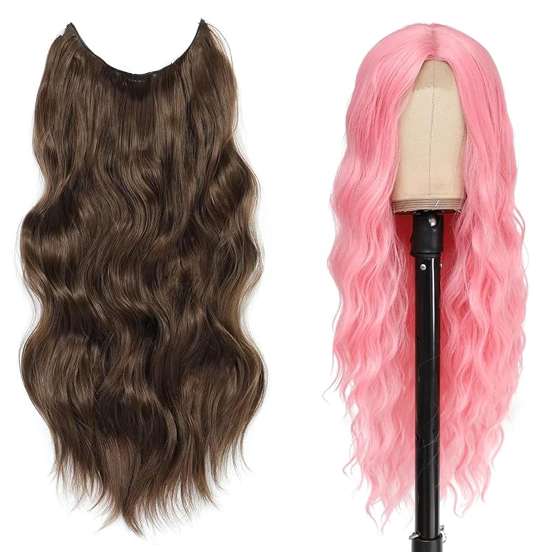 Halo Hair Extensions 20 Inch and Cosplay Long Pink Wig 28 Inch Middle Part Synthetic Wig Realistic Party Wigs