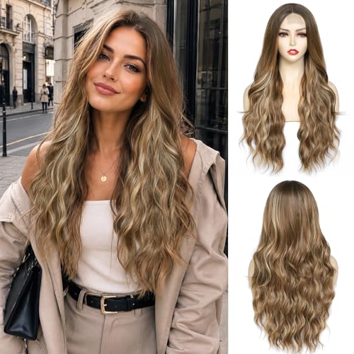 NAYOO 26 Inch Long Light Brown Wavy Wig for Women, Natural Looking Brown Wig with Highlights, Middle Part Synthetic Wig Heat Resistant Fiber, Soft Long Honey Brown Wig for Daily Wear