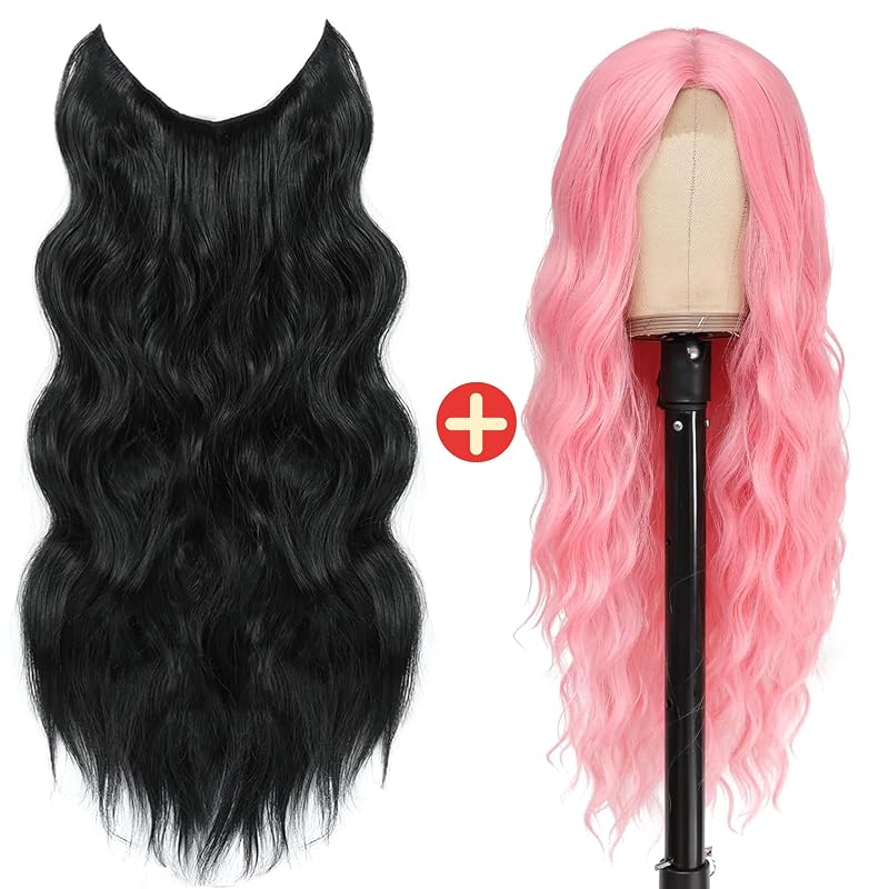 BUPPLER Halo Hair Extensions 20 Inch and Cosplay Long Pink Wig 28 Inch Middle Part Synthetic Wig Realistic Party Wigs