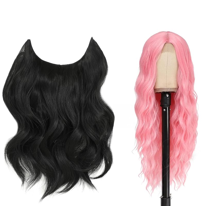 BUPPLER Halo Hair Extensions 12 Inch and Cosplay Long Pink Wig 28 Inch Middle Part Synthetic Wig Realistic Party Wigs