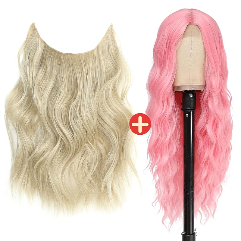 BUPPLER Halo Hair Extensions 12 Inch and Cosplay Long Pink Wig 28 Inch Middle Part Synthetic Wig Realistic Party Wigs
