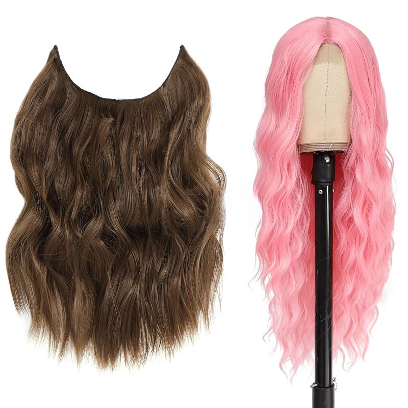 BUPPLER Halo Hair Extensions 12 Inch and Cosplay Long Pink Wig 28 Inch Middle Part Synthetic Wig Realistic Party Wigs