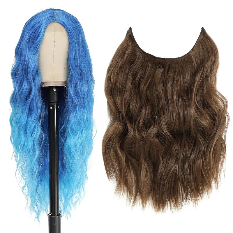 BUPPLER Halo Hair Extensions 12 Inch and Cosplay Long Blue Wig 28 Inch Middle Part Synthetic Wig Realistic Party Wigs