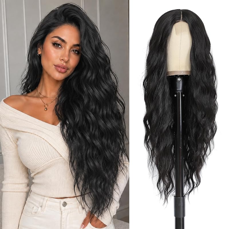 BUPPLER Cosplay Long Black Wig 28 Inch Middle Part Synthetic Wigs for Women