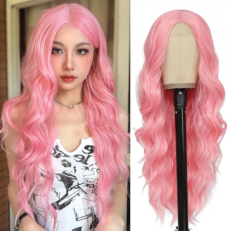 NAYOO Pink Wig for Women, 26 Inch Long Wavy Middle Part Synthetic Wig